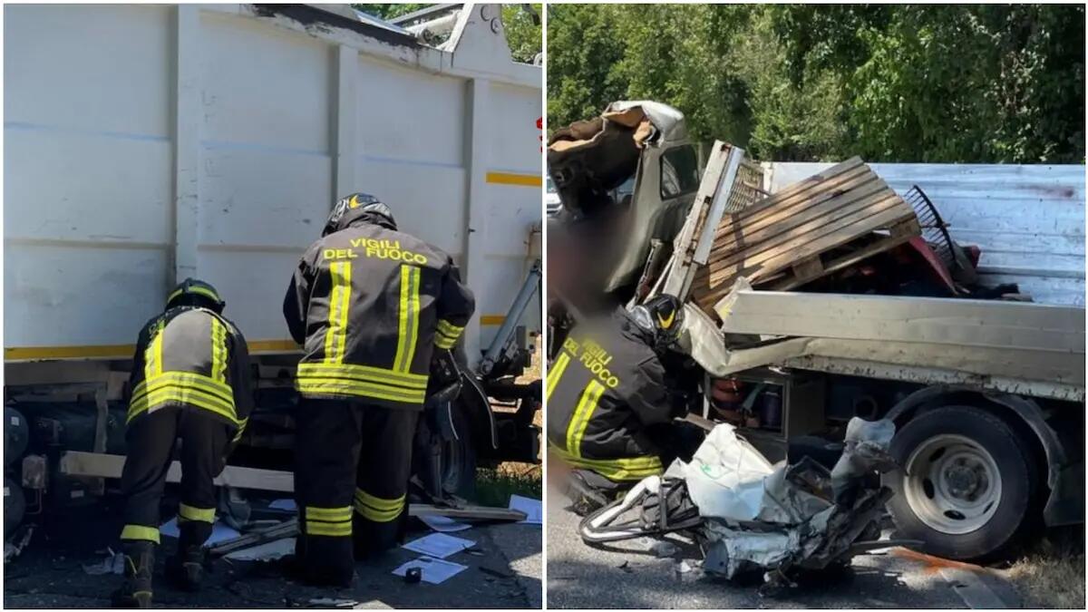 Scontro tra autocarro e camion dei rifiuti: un conducente incastrato, ferito - 