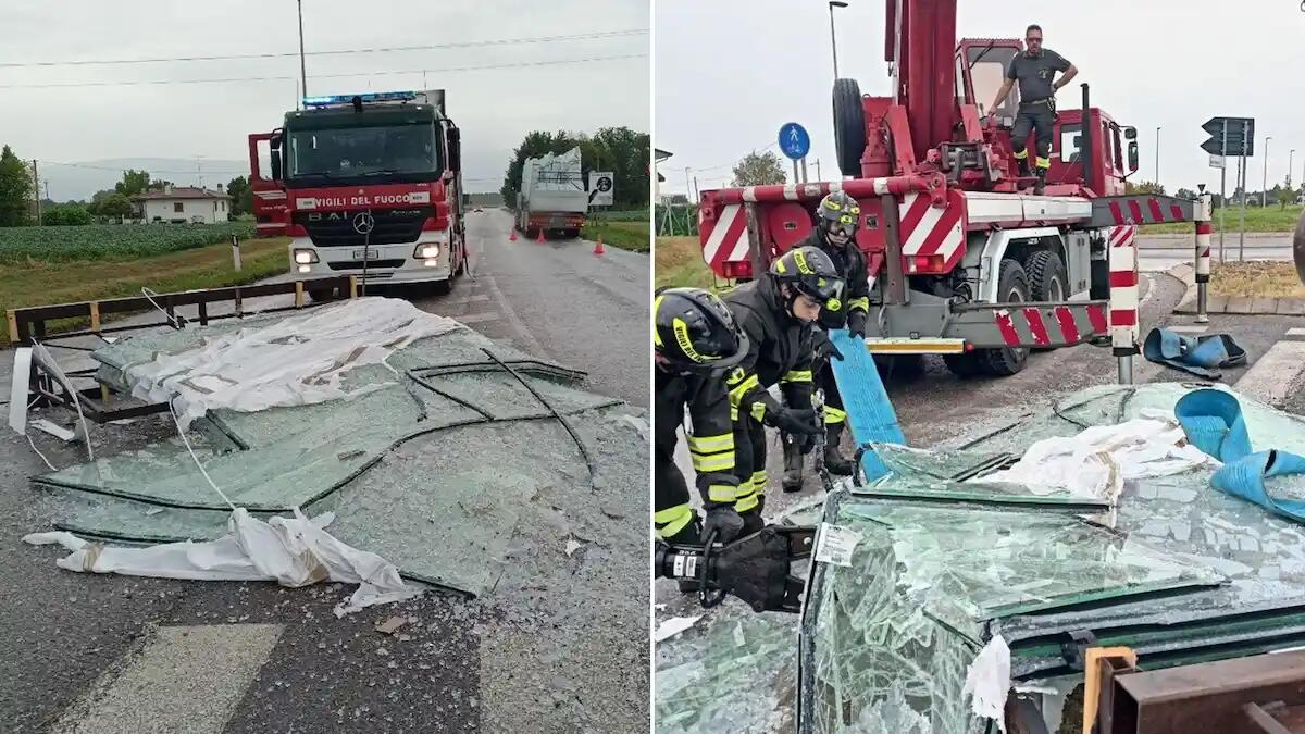 Pasiano. Mezzo pesante perde il carico: 4 lastre di vetro dal peso di 3 quintali finiscono in strada - 