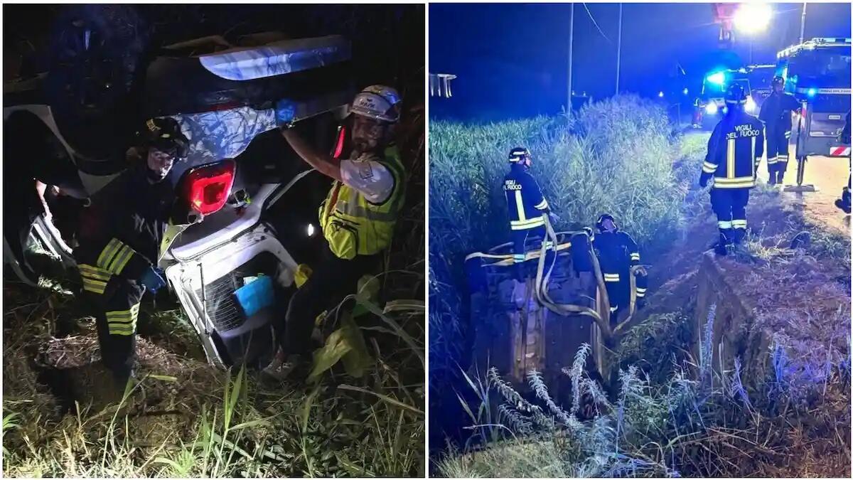 Auto sbanda e vola in un canale ribaltandosi: due feriti, rimasti incastrati tra le lamiere - 