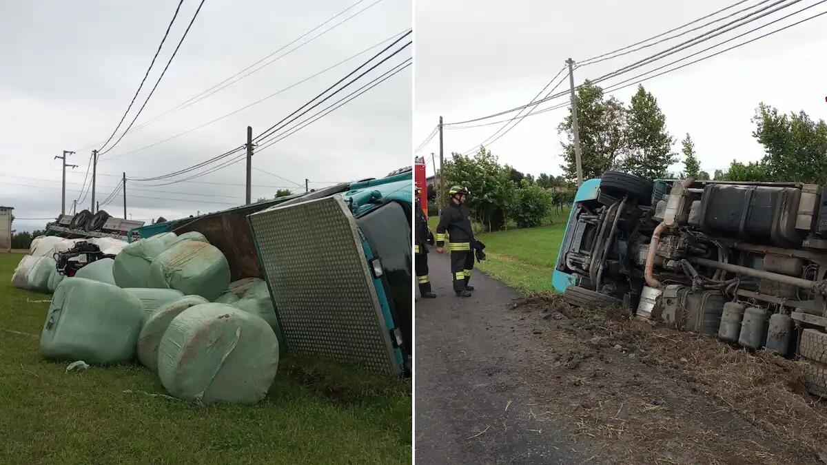 Camion a rimorchio carico di rotoballe finisce fuoristrada ribaltandosi: ferito l'autista - 