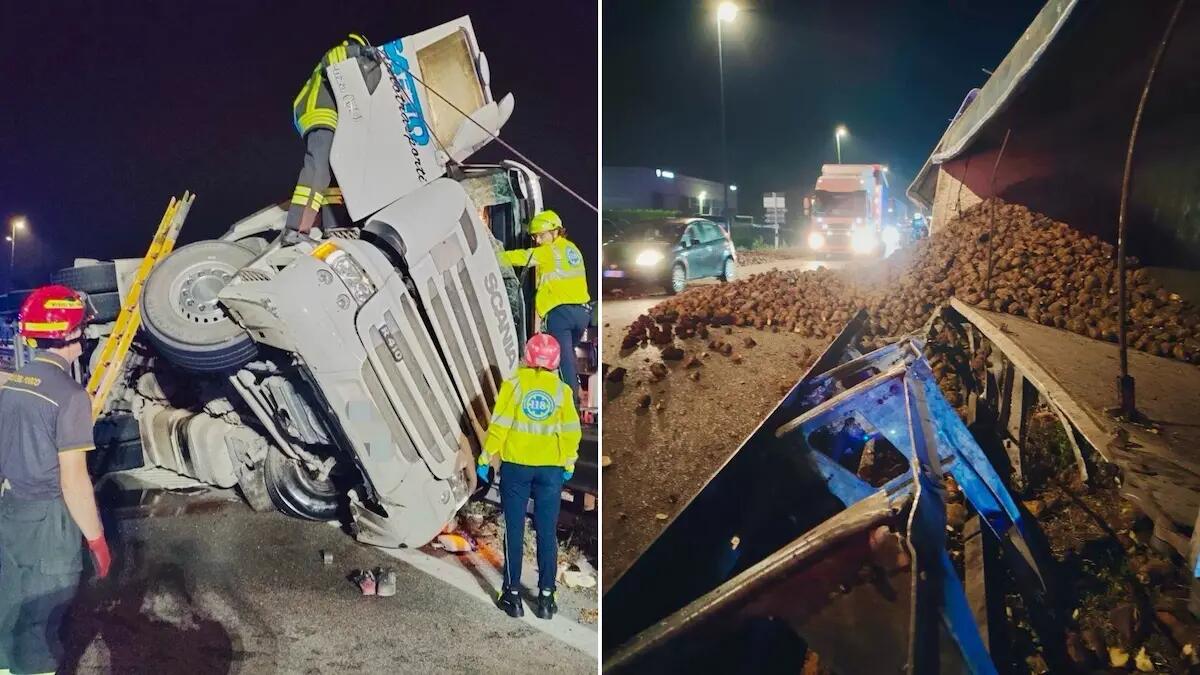 Camion si ribalta sulla Romea, il carico di barbabietole invade la carreggiata: un ferito - 