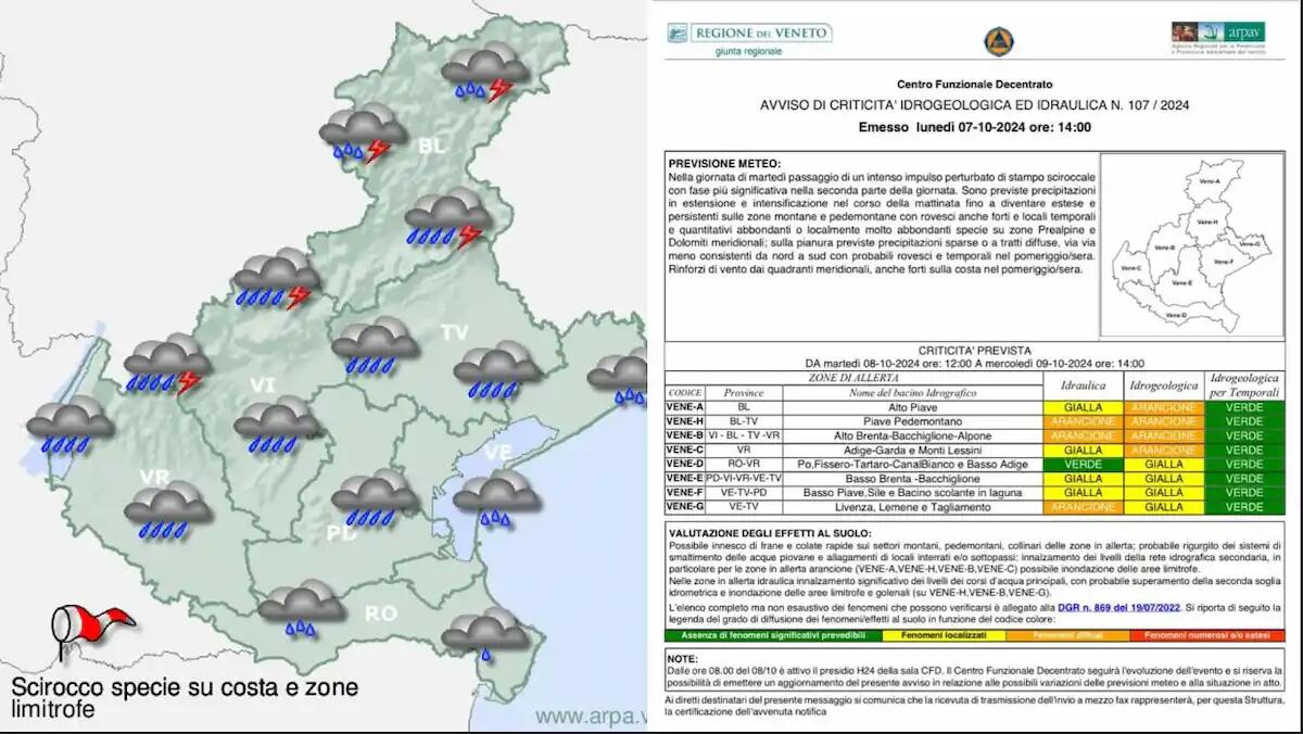 Maltempo in arrivo in Veneto, c'è l’allerta arancione: rischio allagamenti e frane - 