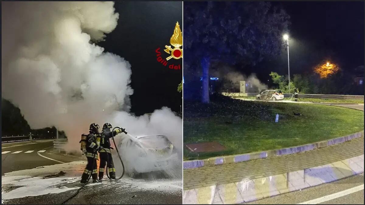 Prende in pieno la rotonda e vola contro il guardrail, poi scoppia l'incendio: miracolata -