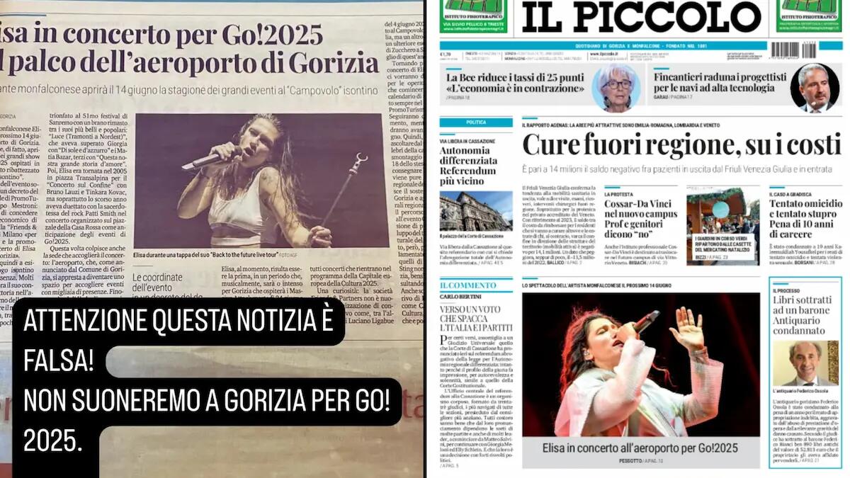 Il quotidiano annuncia il concerto di Elisa a Go2025, ma per la cantante è una "Fake News" - 