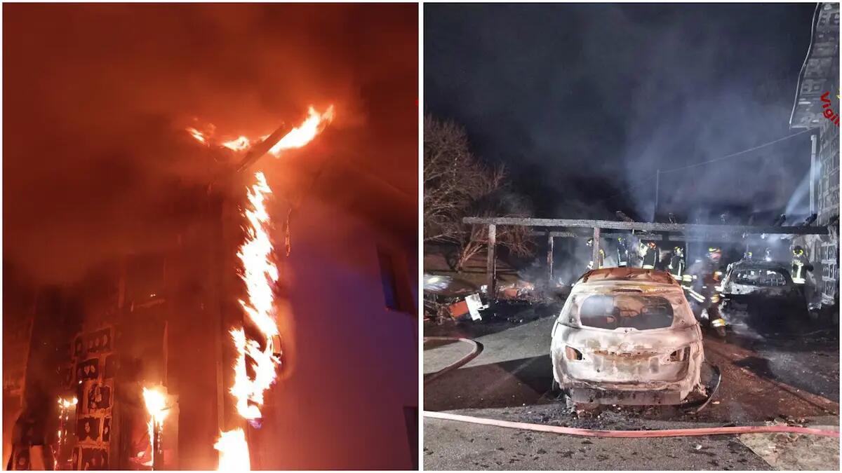 Grave incendio nella notte: distrutte automobili, tettoia e facciata, un residente in ospedale - 