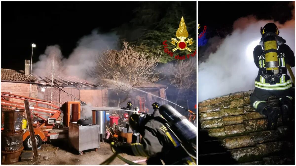 Incendio distrugge un'officina e un deposito attrezzi: alto rischio per le bombole di GPL e la casa adiacente - 