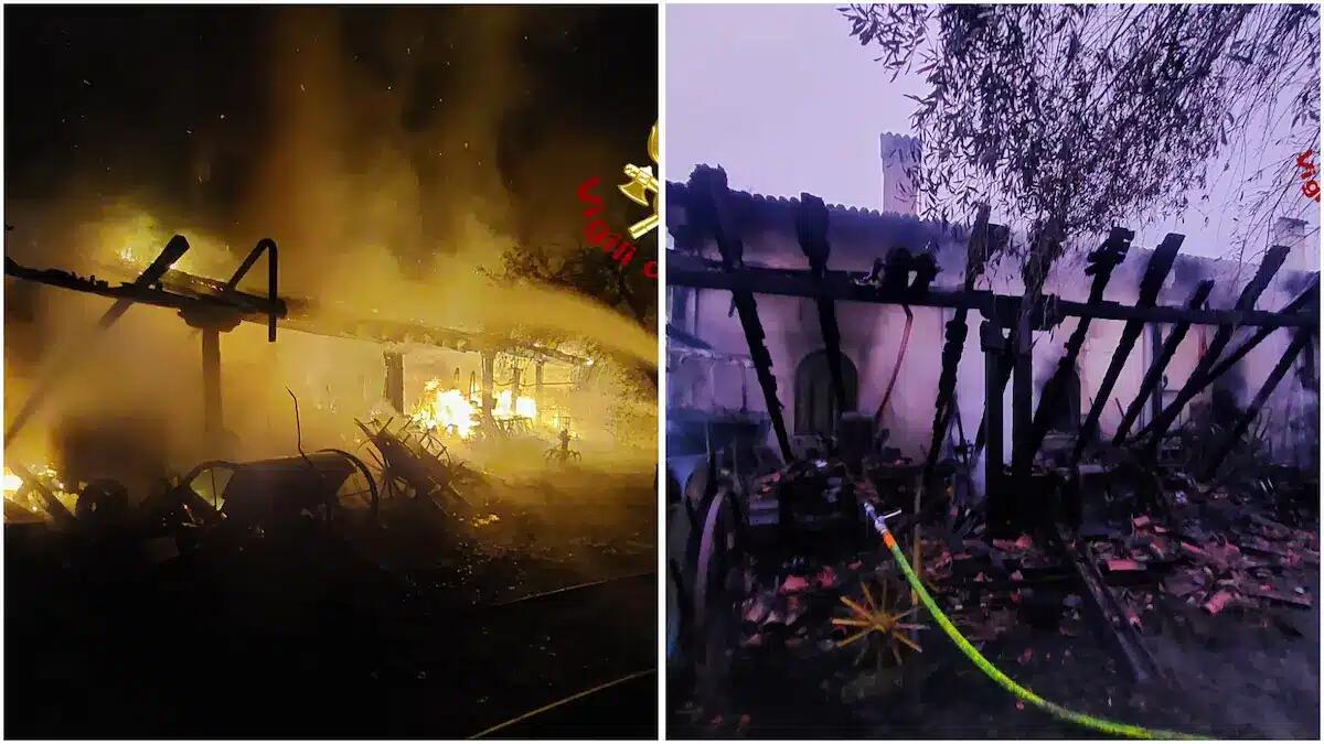 Incendio devastante in un ex agriturismo: distrutta la struttura, trattori, automobili e moto -