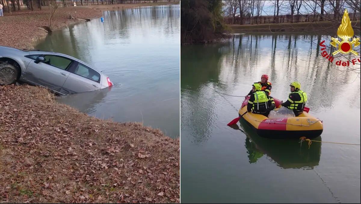 Chions, parcheggia ma dimentica di tirare il freno a mano: l'auto finisce dritta nel lago - 