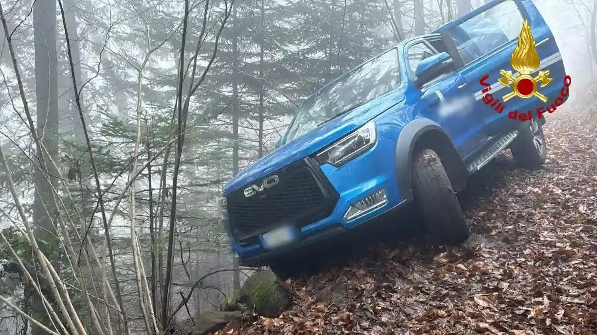 Paura per un pick up nel bosco: finisce fuori strada e rischia il ribaltamento -