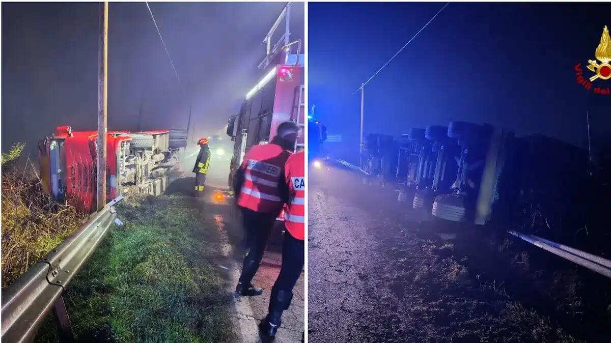 Camion esce di strada e si ribalta nel canale: carico riversato nel terreno, conducente 33enne estratto - 