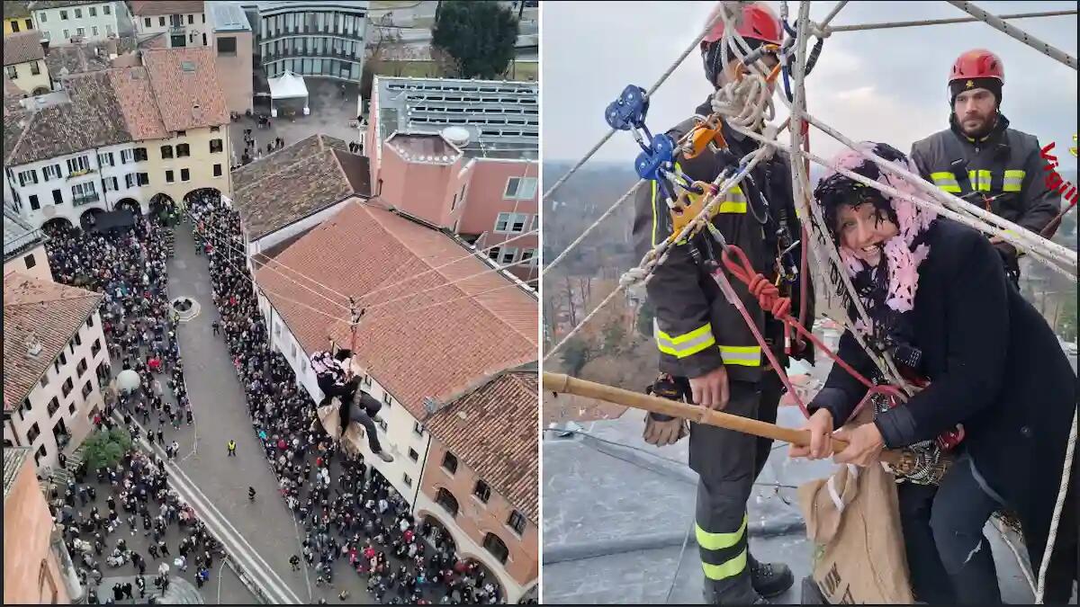 Epifania speciale a Pordenone: la Befana scende dal campanile grazie ai Vigili del Fuoco - 