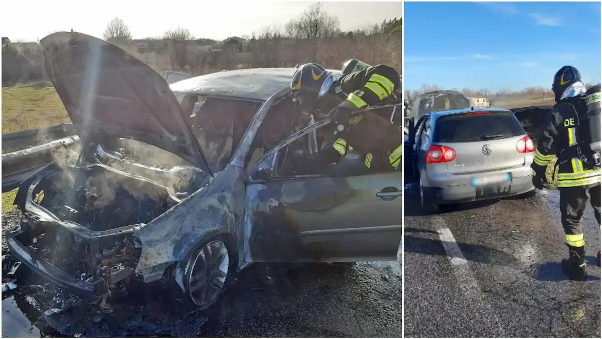 Il conducente accosta appena in tempo, poi la Golf viene divorata dalle fiamme: distrutta - 