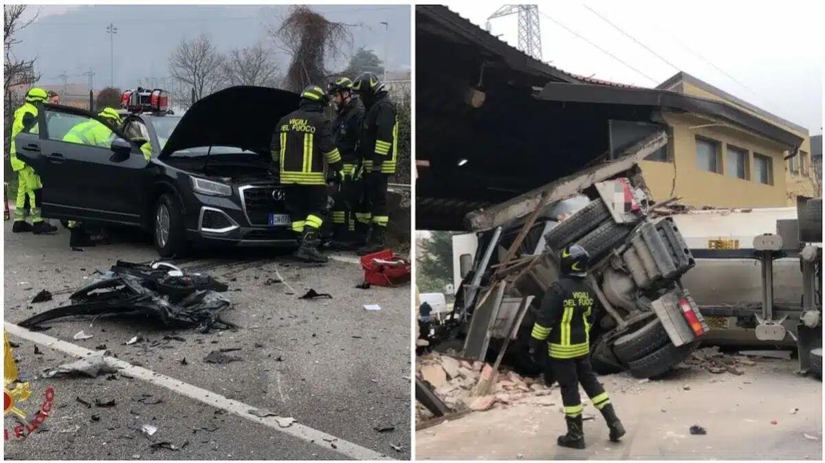 Scontro auto-camion, sfondato il muro di un'azienda: due feriti, grave l'automobilista 69enne, elisoccorsa - 