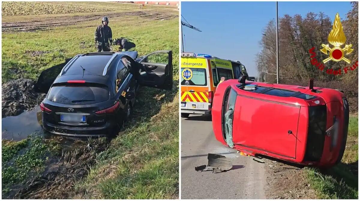 Scontro tra due auto: una si ribalta sul fianco, l'altra finisce nel campo agricolo: feriti i due conducenti - 
