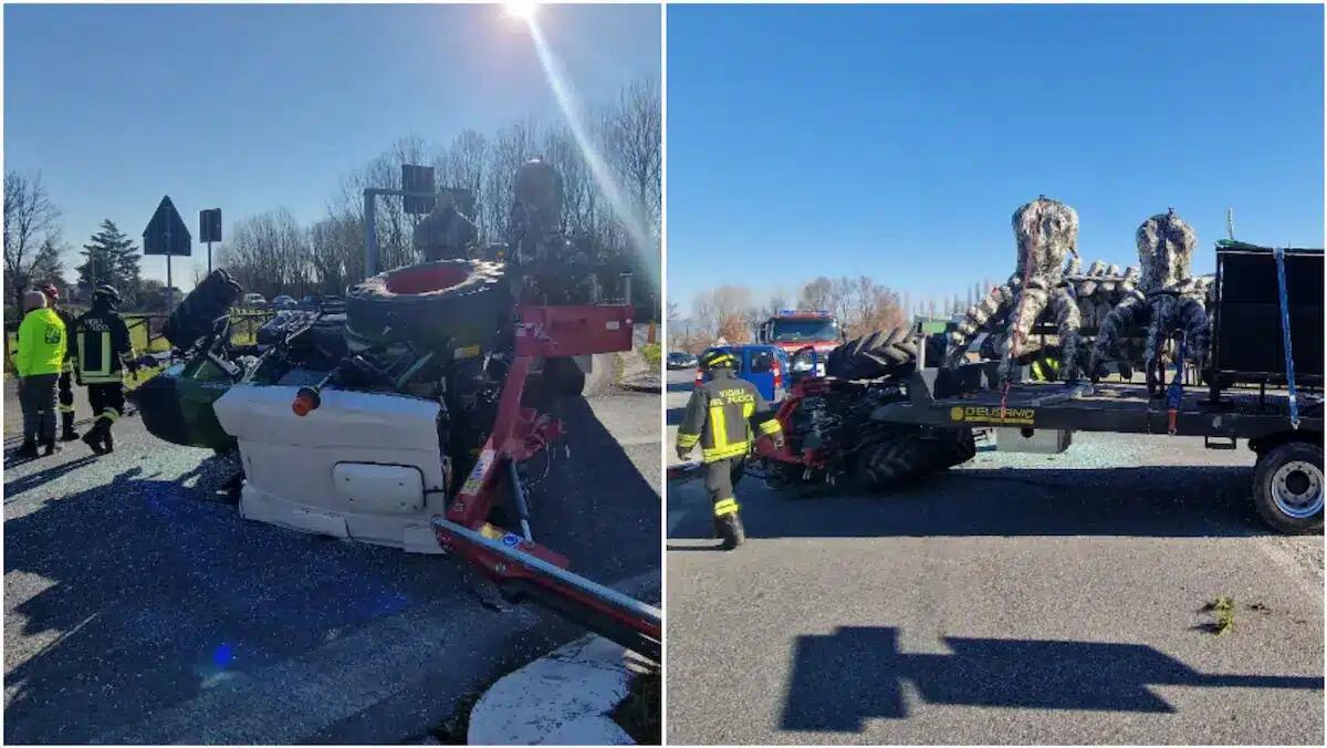 Si ribalta mentre traina il carro di carnevale, trattore finisce ruote all'aria - 