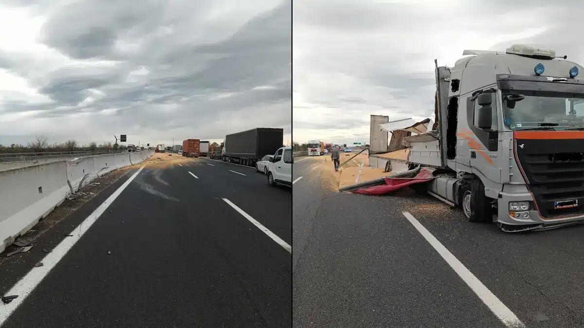 Scoppia la gomma in A4: mezzo pesante piomba contro i new jersey e perde 40 quintali di granaglie - 