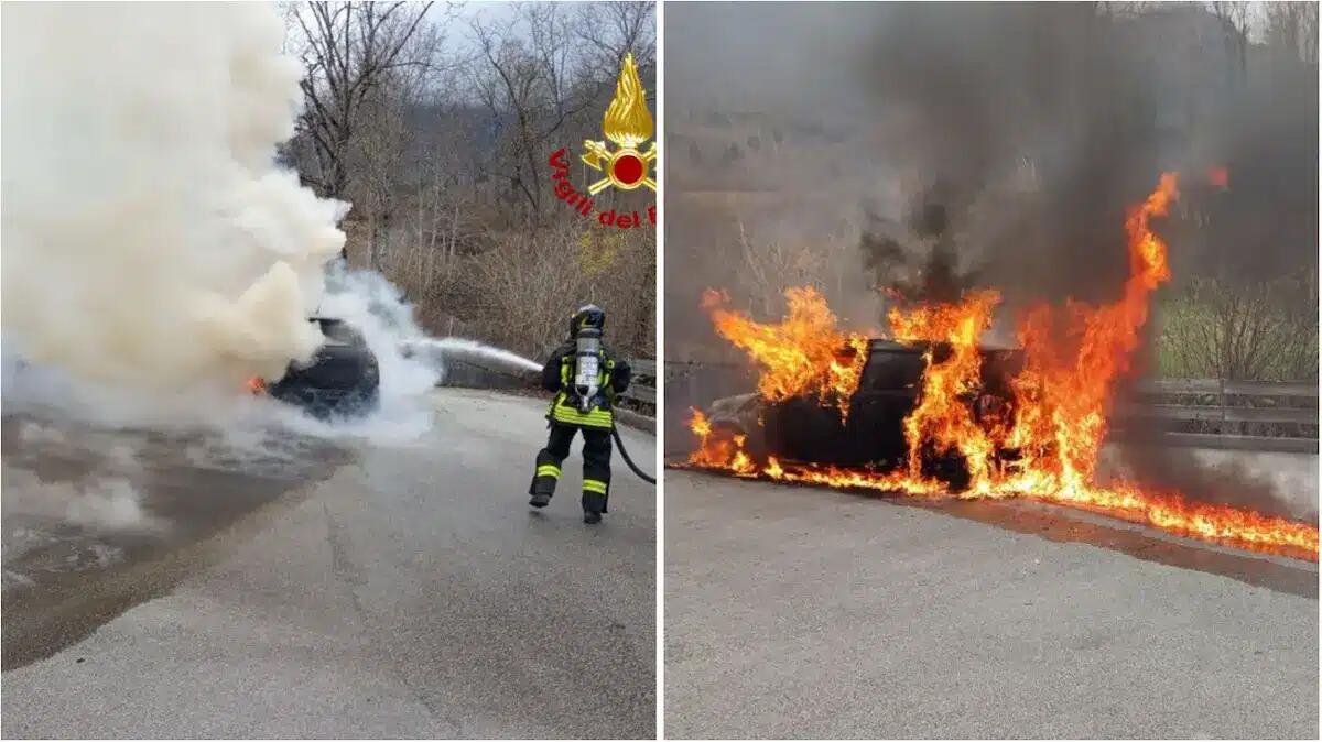 Auto prende fuoco in un parcheggio condominiale: veicolo completamente distrutto dalle fiamme - 