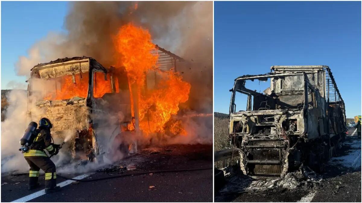 Scoppia l'incendio, autoarticolato avvolto dalle fiamme. Autista in salvo - 