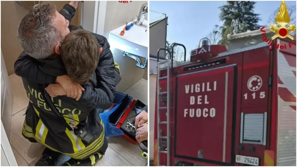 Paura per un bimbo rimasto chiuso in bagno: i Vigili del Fuoco lo liberano e lui si getta tra le loro braccia -