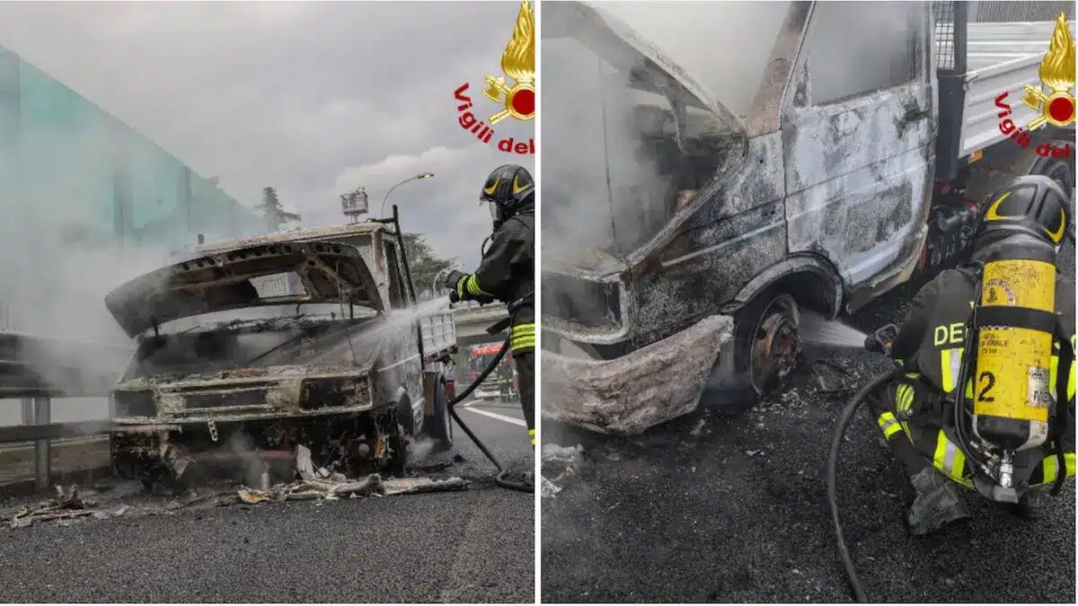 Paura in autostrada, furgone prende fuoco in corsia: veicolo distrutto dalle fiamme, traffico rallentato - 