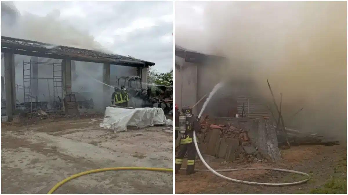 Scoppia un incendio in un deposito: mezzo agricolo avvolto dalle fiamme, paura per la casa vicina - 