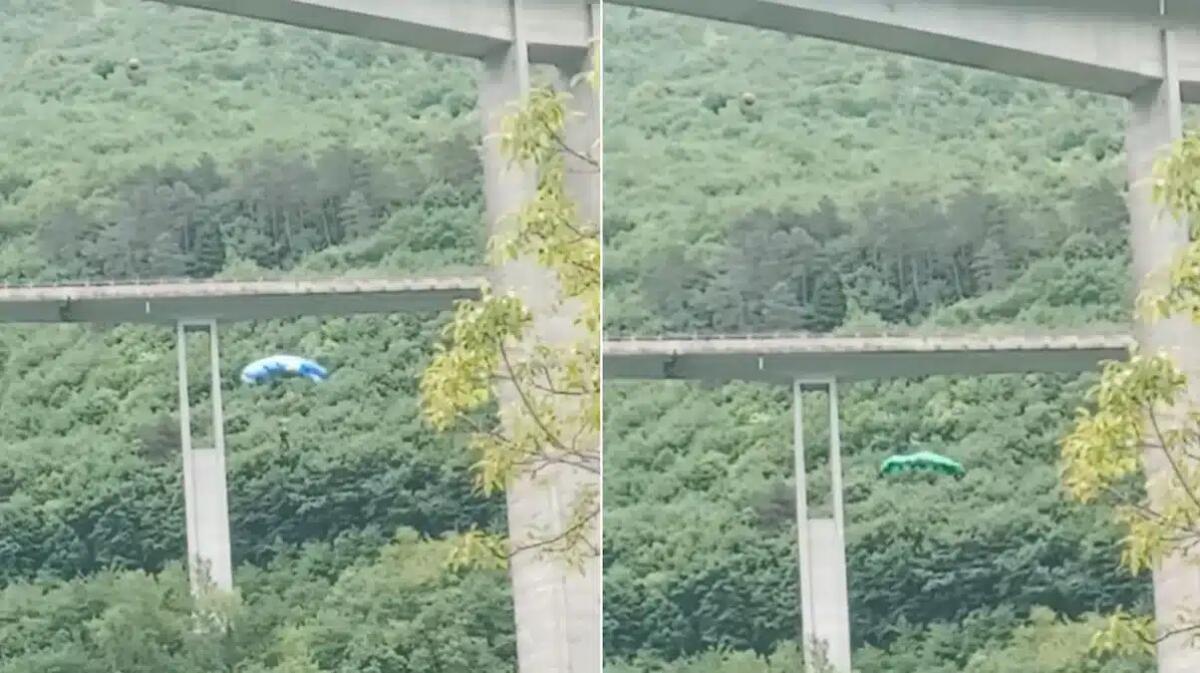 Scena surreale in A27: tre persone si lanciano dal viadotto con il paracadute - 