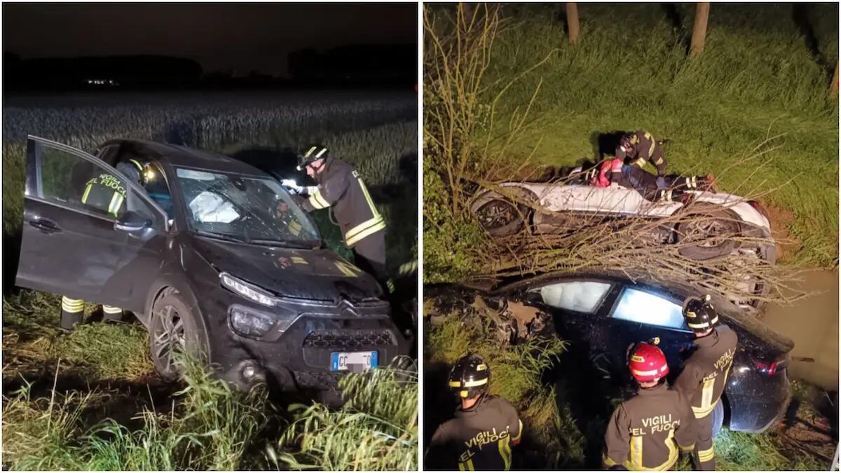 Violento scontro tra tre auto, due finiscono ribaltate nel canale: 6 persone coinvolte, strada chiusa - 