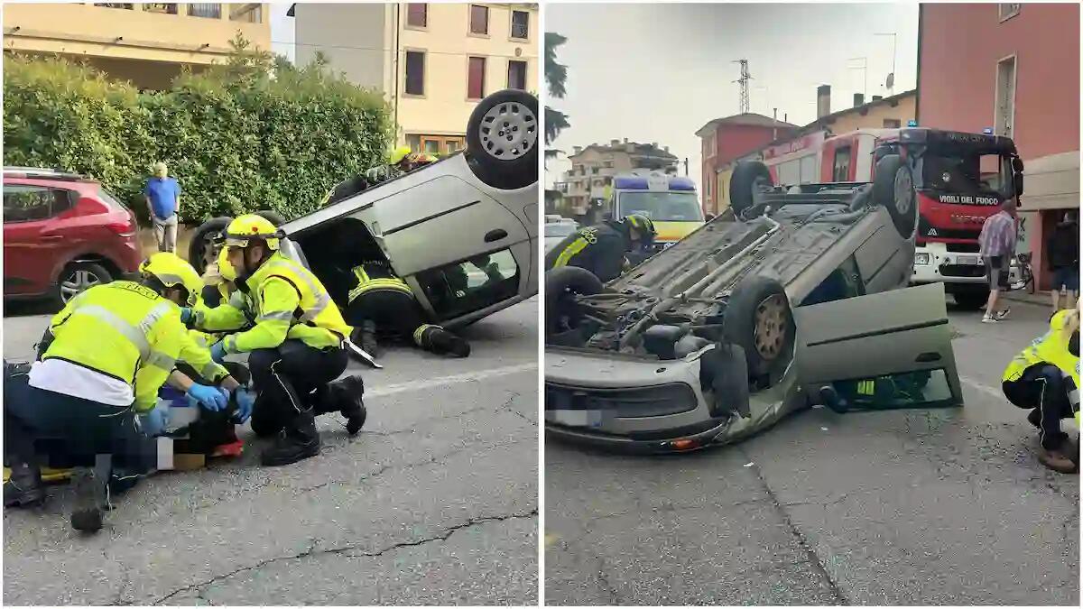 Auto urta violentemente un veicolo in sosta e si ribalta: all'interno due anziani - 