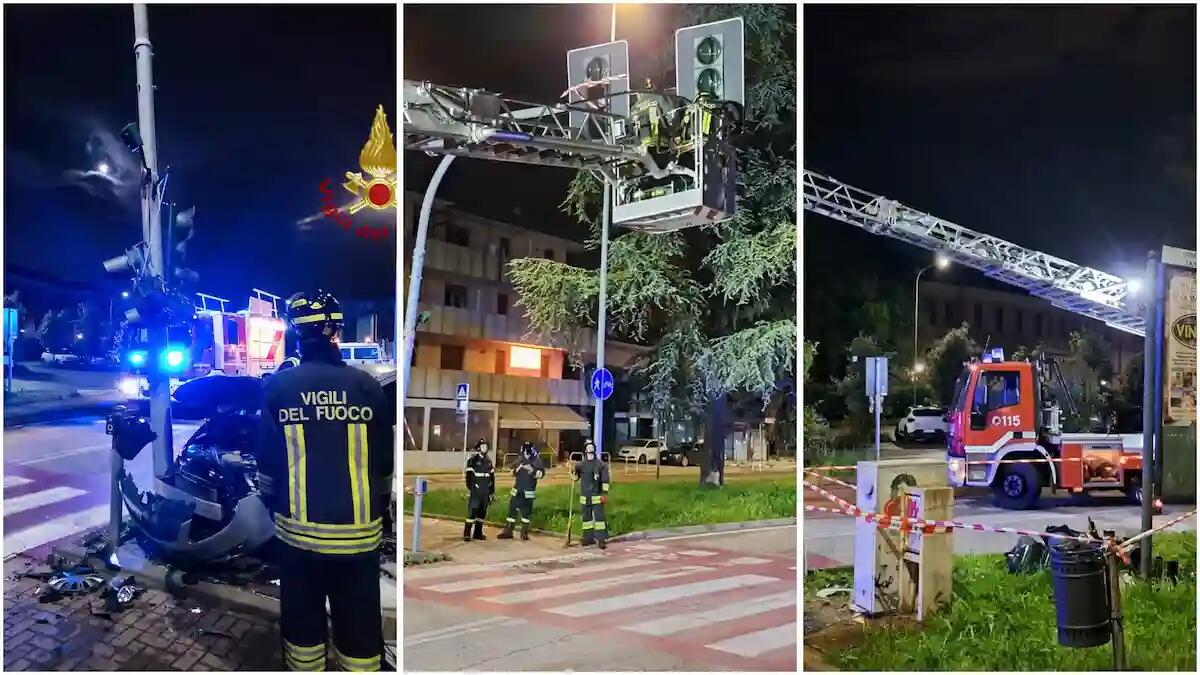 Schianto nella notte, conducente perde il controllo dell'auto: la corsa finisce contro un semaforo - 