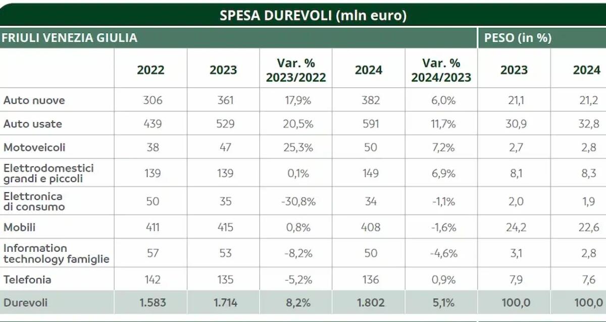 Friuli Venezia Giulia: cresce del 5,1% la spesa per beni durevoli nel 2024 - 
