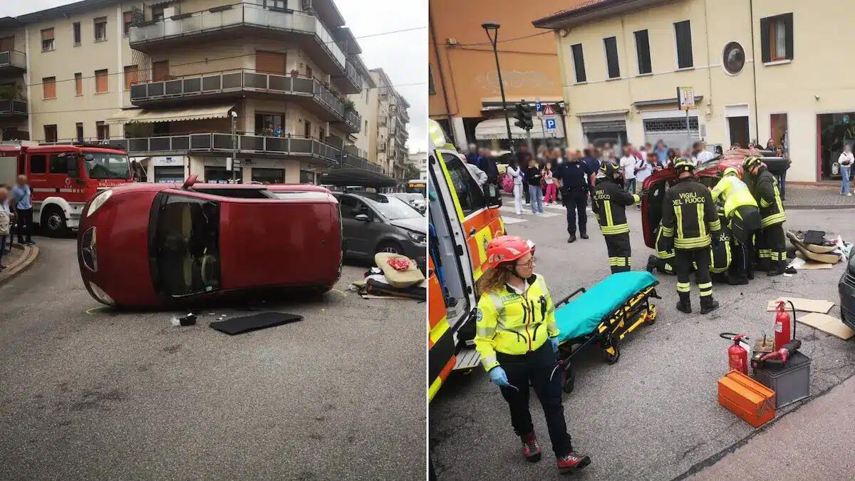 Scontro tra due auto, una si ribalta: donna incastrata tra le lamiere, estratta dai vigili del fuoco - 