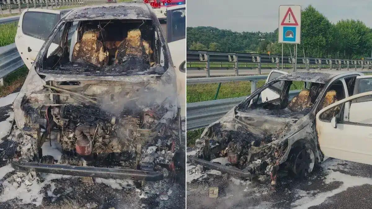 Incendio sulla A4, Peugeot divorata dalle fiamme: gli occcupanti scendono in tempo - 
