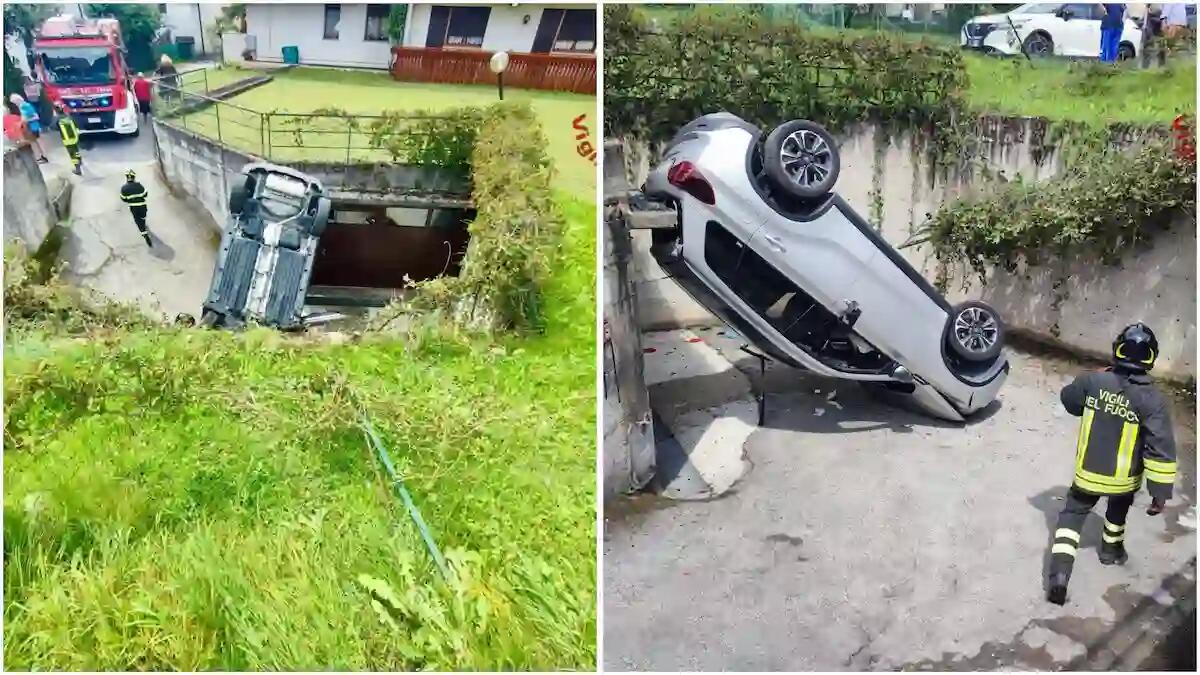 Paura a Domegge, auto si ribalta nella discesa di un garage e finisce capovolta: due feriti - 