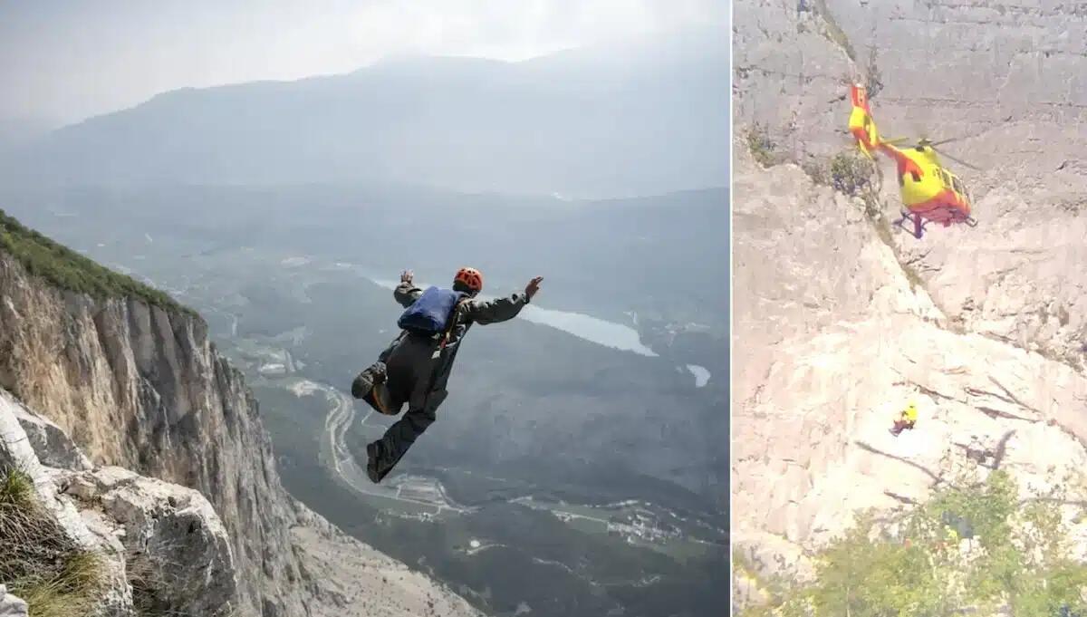 "Vola" contro la parete di roccia e rimane appeso a 50 metri da terra: base jumper in fin di vita - 