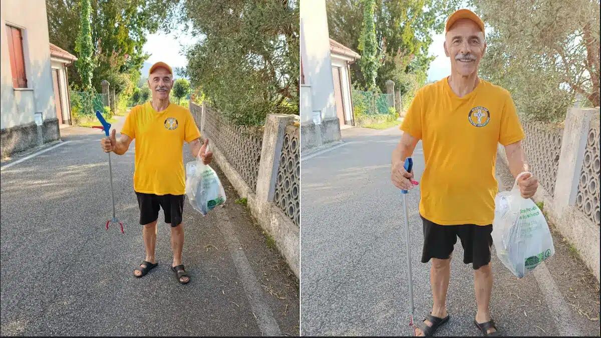 Sacco pieno di bottiglie e lattine: volontario in azione a Colle Umberto -