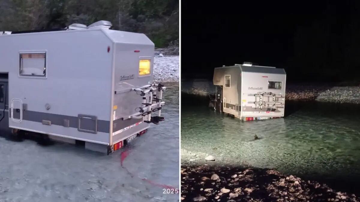 Con la roulotte finiscono bloccati nel fiume a Venzone: soccorsi padre e figlia -