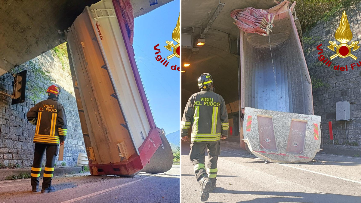 Autocarro tenta di entrare in galleria, ma resta incastrato: strada chiusa per ore | FOTO -