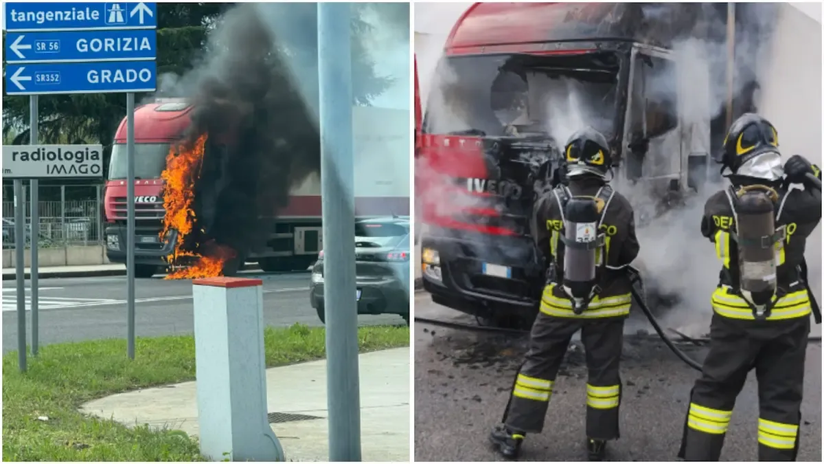 Fiamme e fumo in strada a Udine: camion va a fuoco | FOTO - 