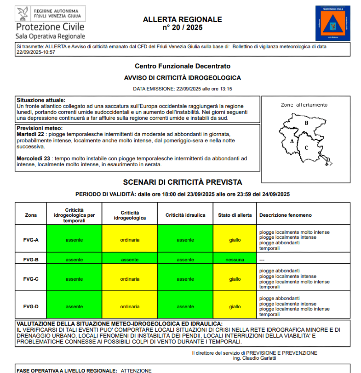 Il bollettino di allerta meteo Fvg