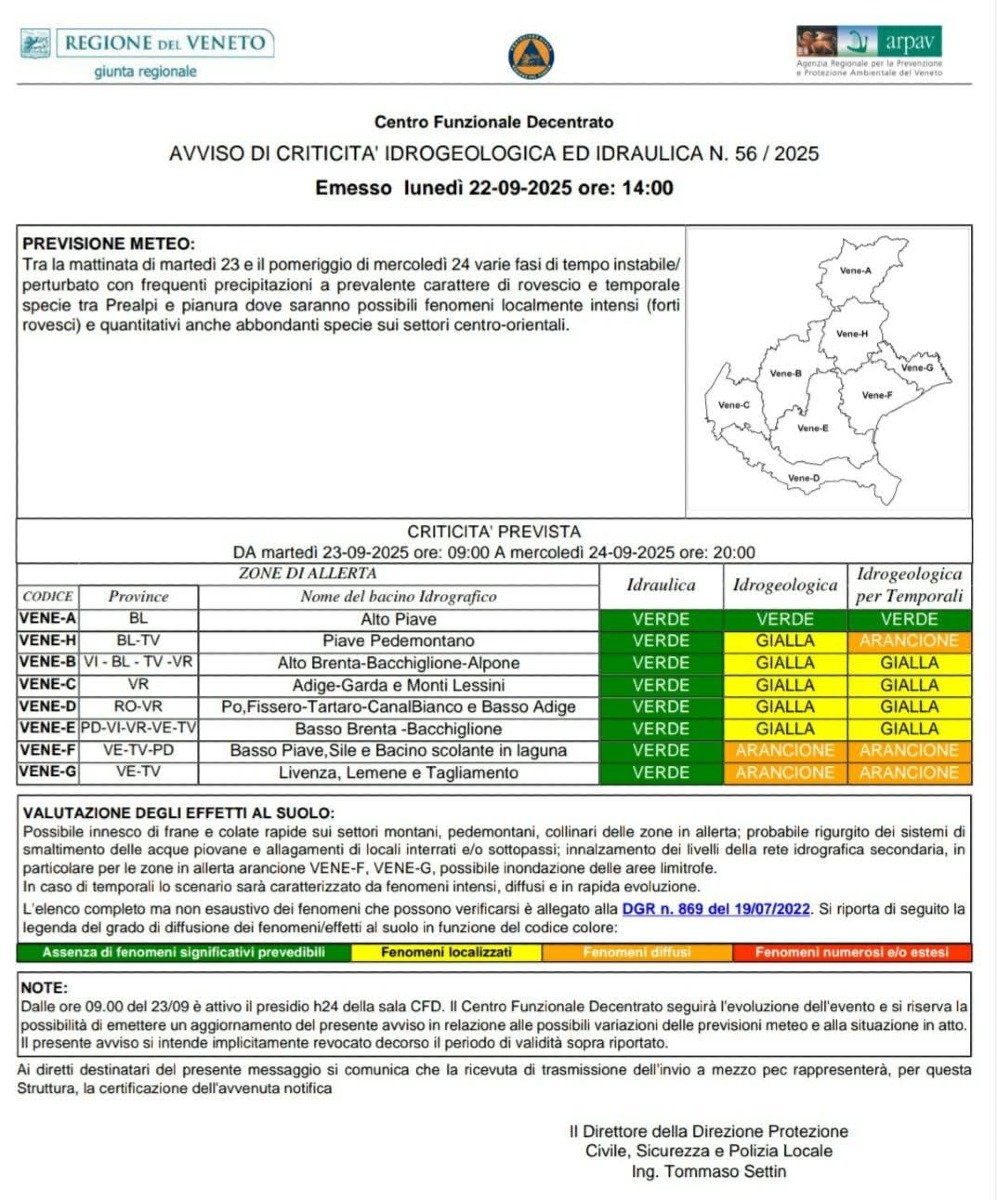 Il bollettino di allerta meteo Veneto