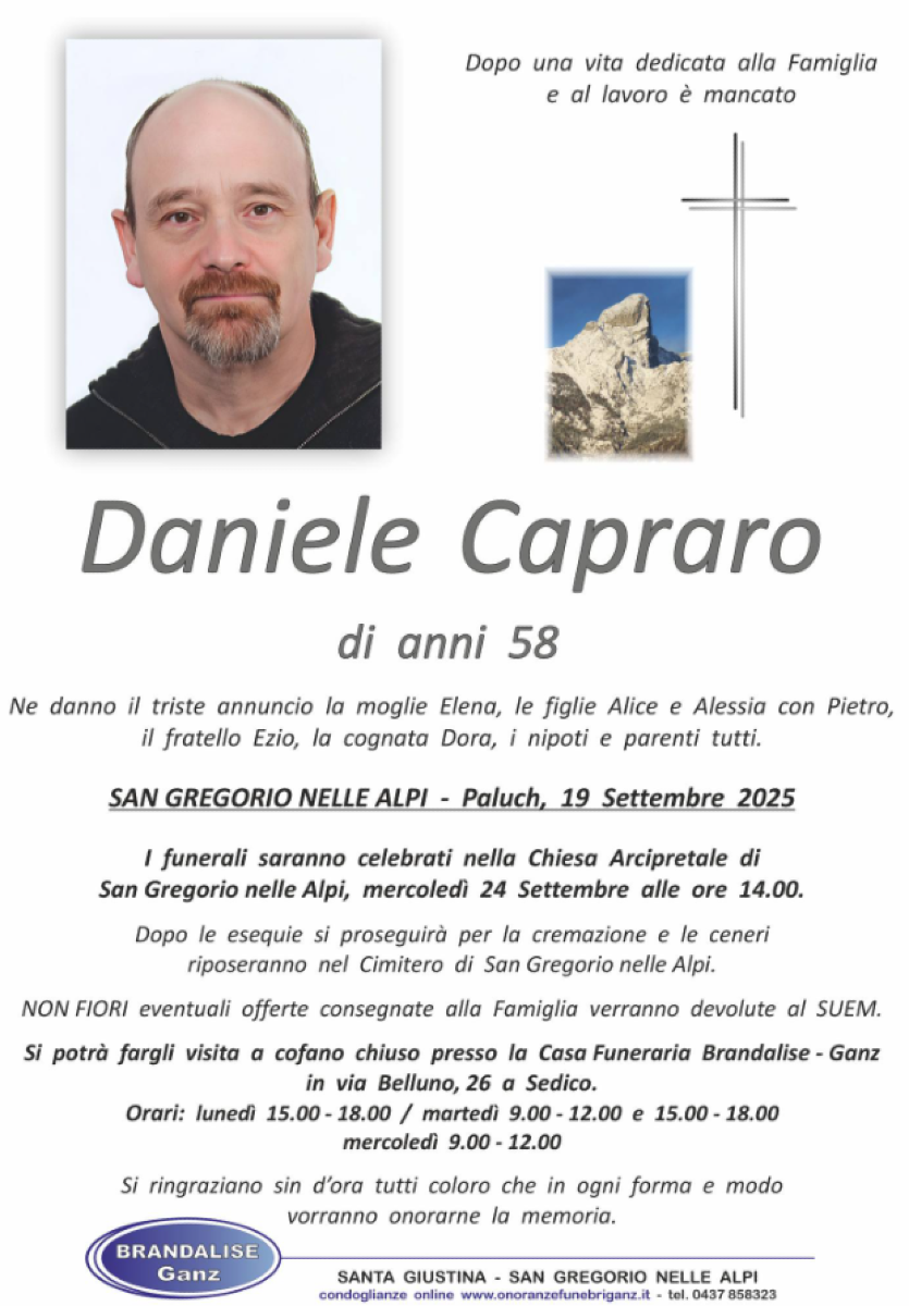 Il necrologio di Daniele Capraro, 58 anni