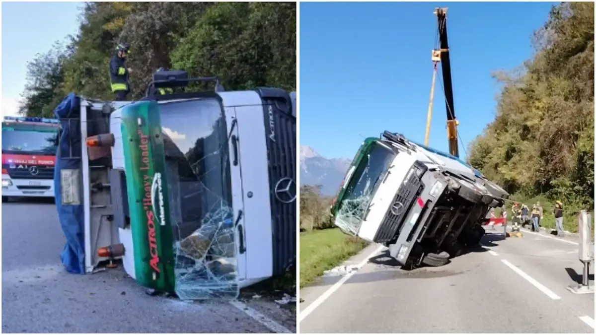 Autoarticolato si ribalta sulla strada: autista in ospedale, Vigili del Fuoco al lavoro per ore | FOTO -