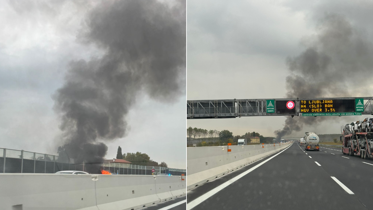 Paura sull'A4: auto in fiamme tra San Giorgio di Nogaro e Latisana, fumo nero visibile da lontano -