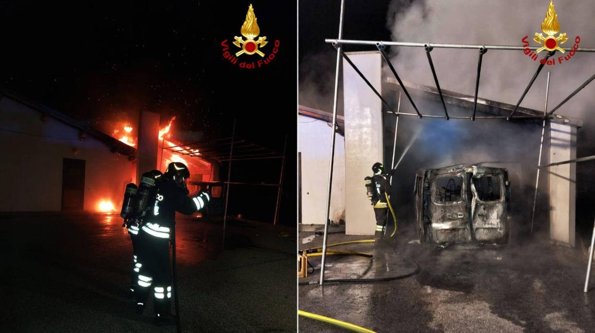 Pulmino in fiamme nella notte: tettoia distrutta, veicolo ridotto a scheletro - 