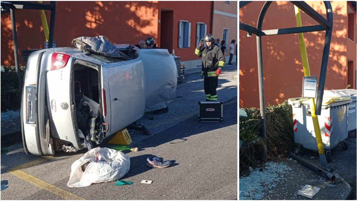 Carambola tra due veicoli alla rotonda, un'auto si ribalta: finisce contro la fermata del bus - 