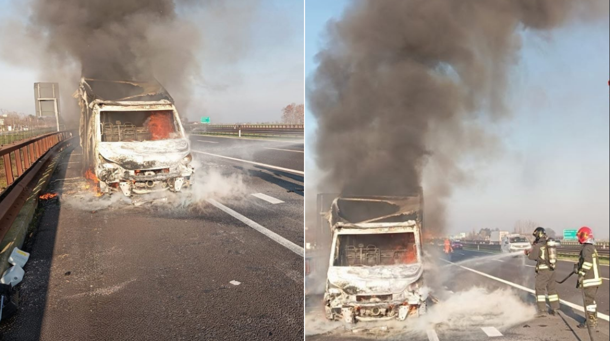 Furgone prende fuoco in autostrada: alta colonna di fumo visibile da lontano - 