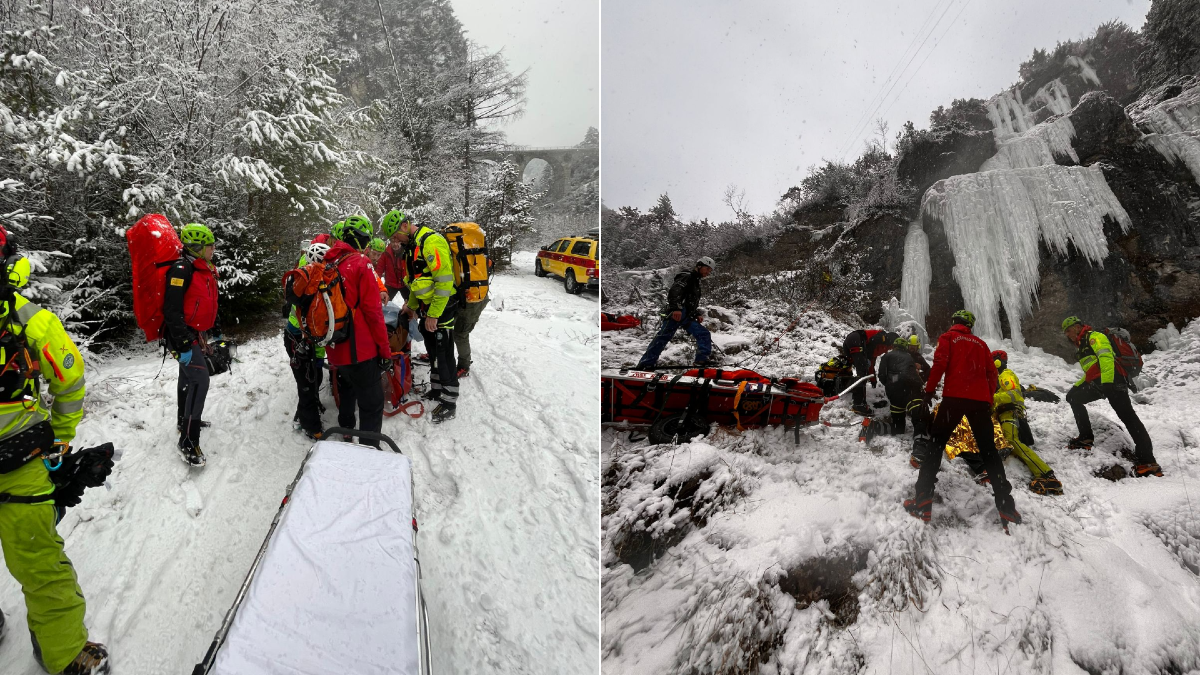 37enne precipita da una cascata di ghiaccio: «Un volo di 8 metri, è grave» | FOTO