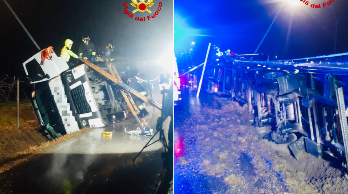 Camion carico di ghiaia si ribalta all'alba: autista estratto dalle lamiere - 