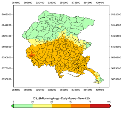 Numero di superamenti giornalieri della soglia di 120 microgrammi/m³ di ozono calcolata su medie di 8 ore consecutive.