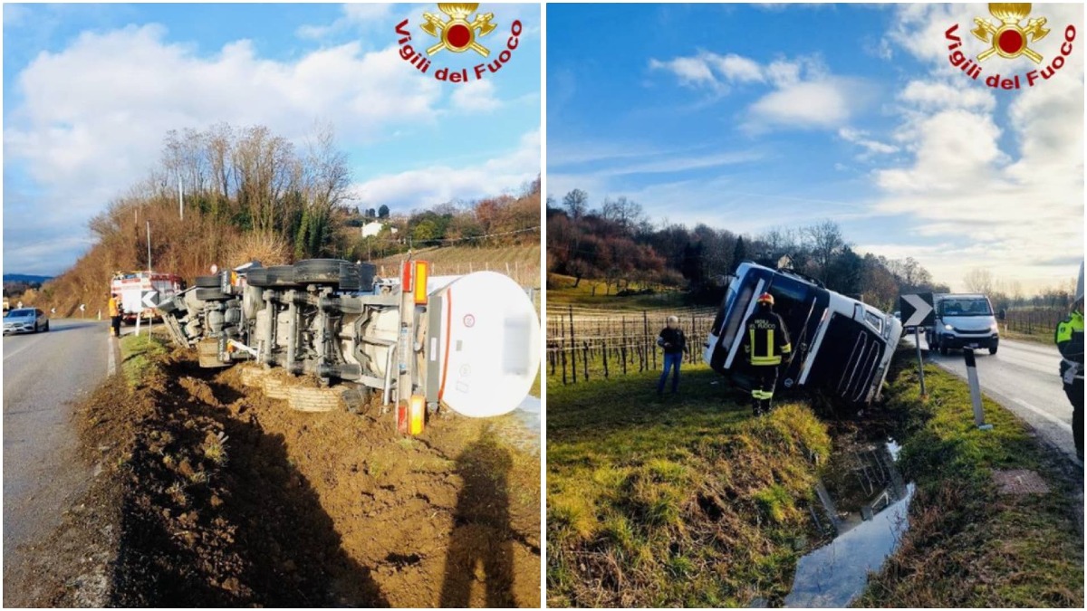 Cisterna per il trasporto del latte esce di strada e si ribalta | FOTO - Le immagini dell'incidente